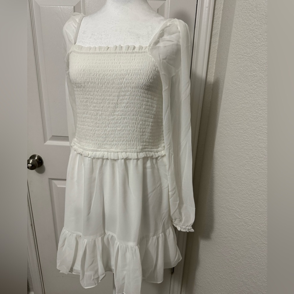 1.State Irory Smock Bodice Ruffle Hem Long Sleeve Mini Dress